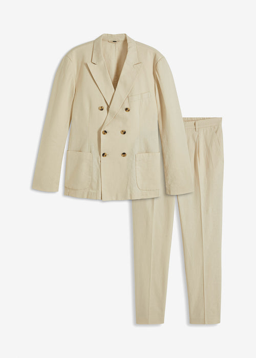 Obleka iz platna: dvoredni suknjič in hlače v klasičnem kroju
